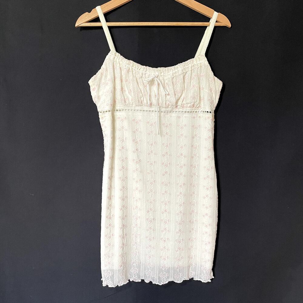 Garage fairycore nightdress women's size L embroidered roses ruched bust mini